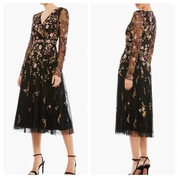 mac duggal cocktail floral embroidered v-neck midi-dress Mac Duggal Floral Beaded Mesh Flutter Sleeve Midi Dress, Womens, 16, Antique Rose